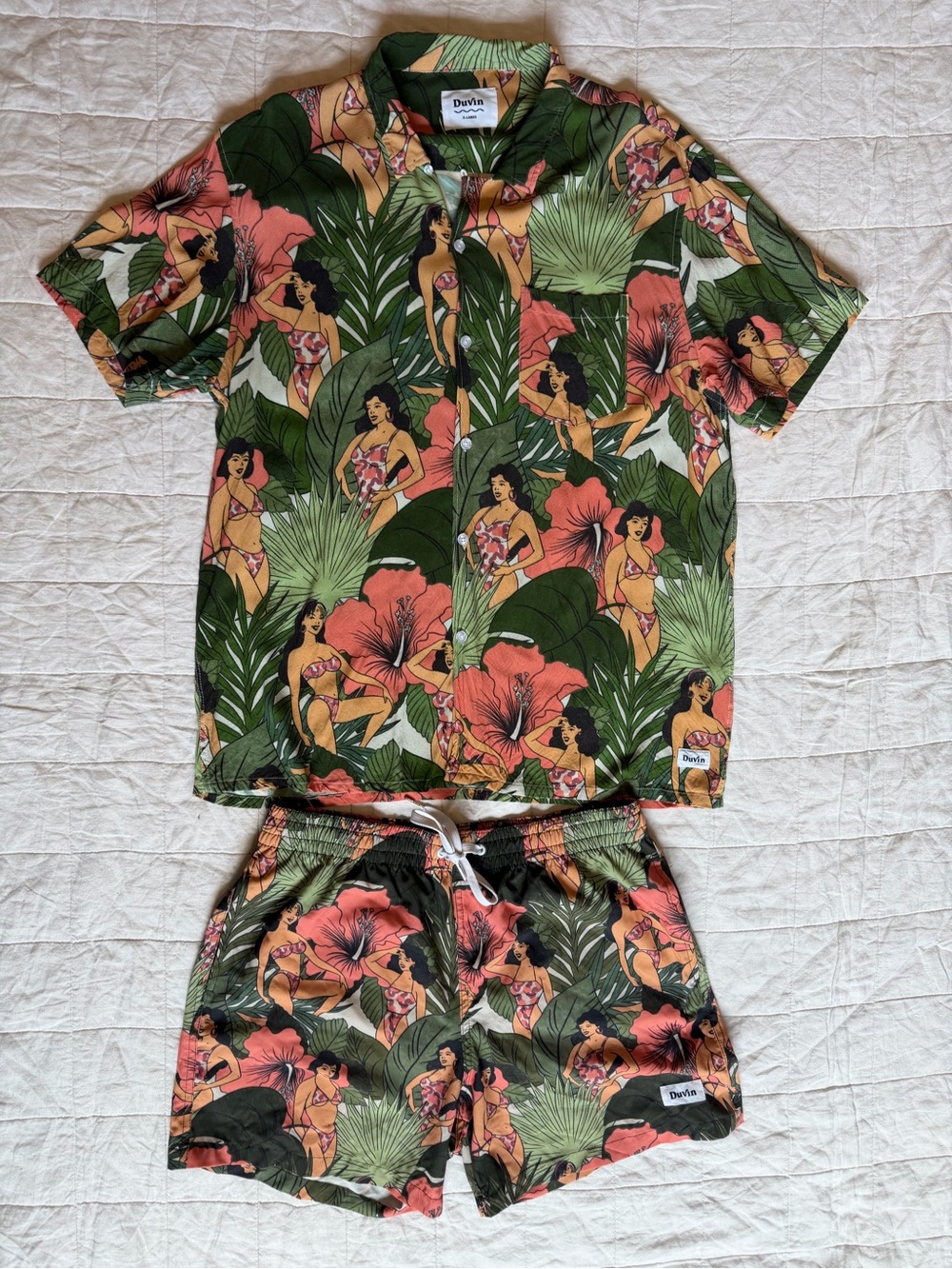 Duvin Men’s Green Tropical Hawaiian Girl Beach Babes Swim Cabana Set - Large